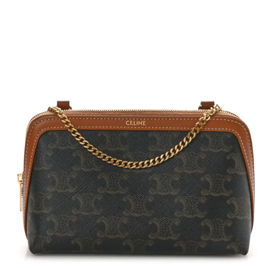 Celine Mini Clutch on Chain Tan Triomphe Canvas & Calfskin Leather Gold Hardware