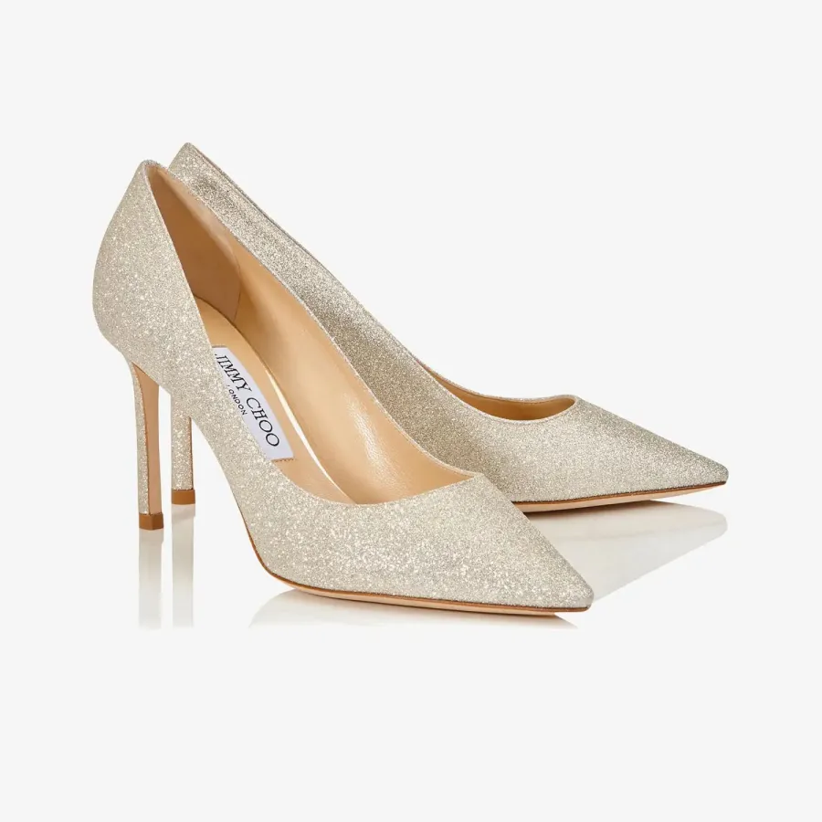 JIMMY CHOO Beige micro-shimmer pointed heels