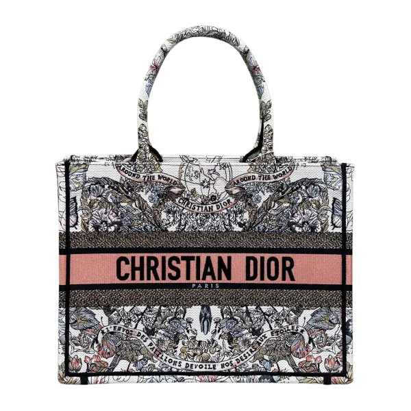 Dior Medium Book Tote White Pastel Pink Butterfly Around The World Embroidered Canvas