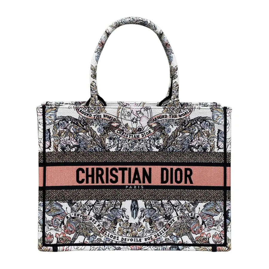 Dior Medium Book Tote White Pastel Pink Butterfly Around The World Embroidered Canvas