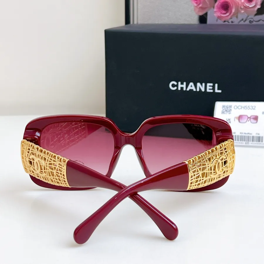 CHANEL square frame glasses red gold color size 54-20-140