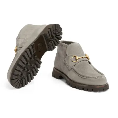 Gucci Round headed grey suede horse collar buckle  ankle boots
