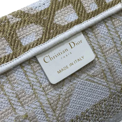 Dior Medium Dior Book Tote Gold-Tone and White Macrocannage Embroidered Canvas