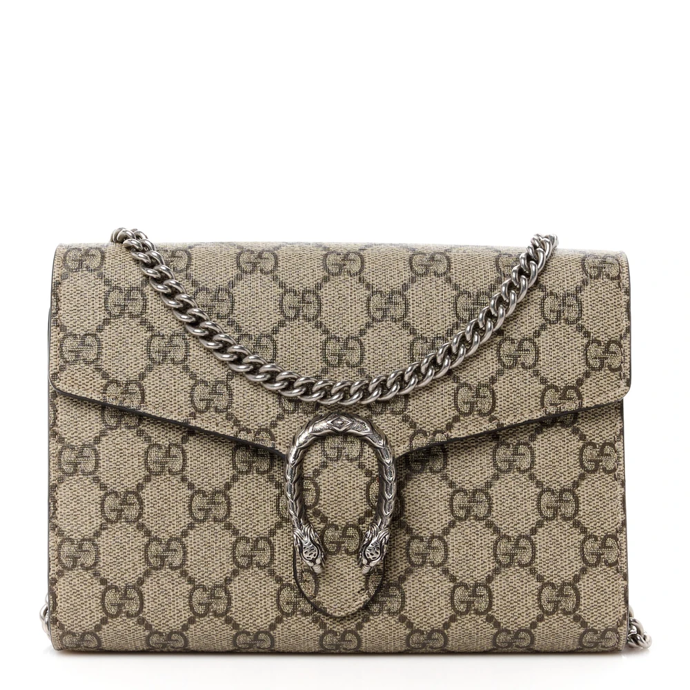 Gucci Mini Dionysus Chain Wallet Bege/Taupe GG Supreme Monogram Canvas Ferragens Prateadas Envelhecidas