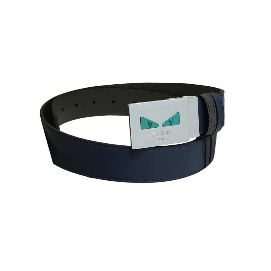 Fendi Men's FF Monster Eyes Belt In Blue/Black Saffiano Leather With Silver Hardware 35mm