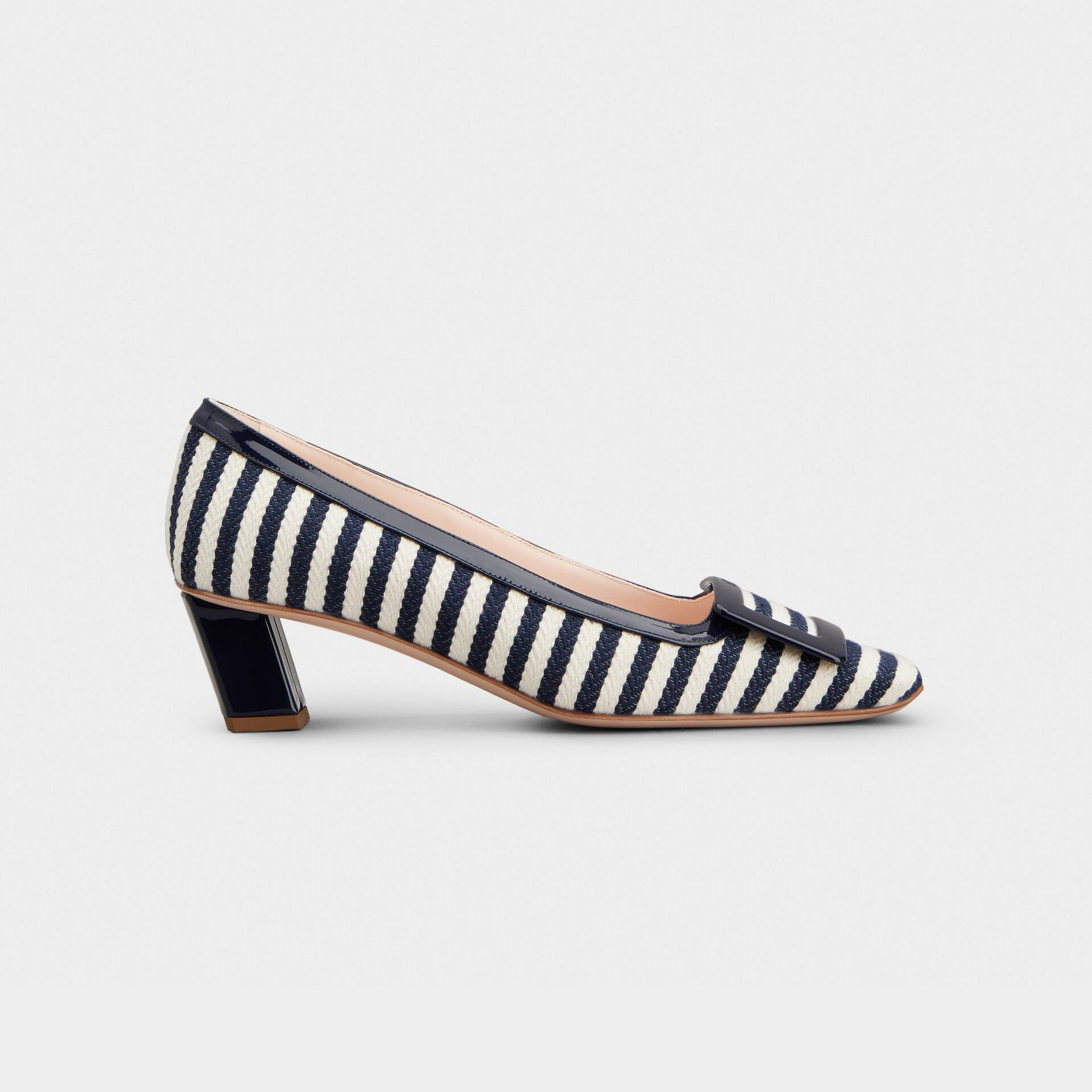 Roger Vivier Belle Vivier Pumps Salto Alto em Azul Marinho/Branco de Lona com Fivela de Metal Envernizado (Altura do Salto 4,5cm)