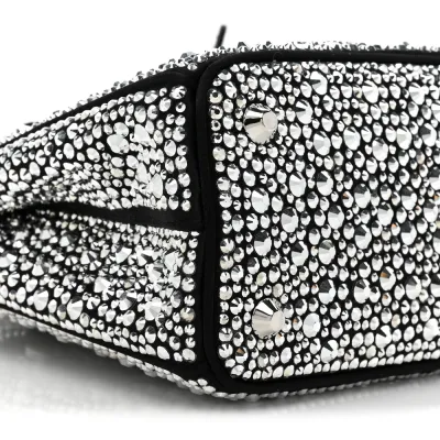 Prada Mini Galleria Double Zip Tote Black Metal Satin & Crystal Silver Hardware