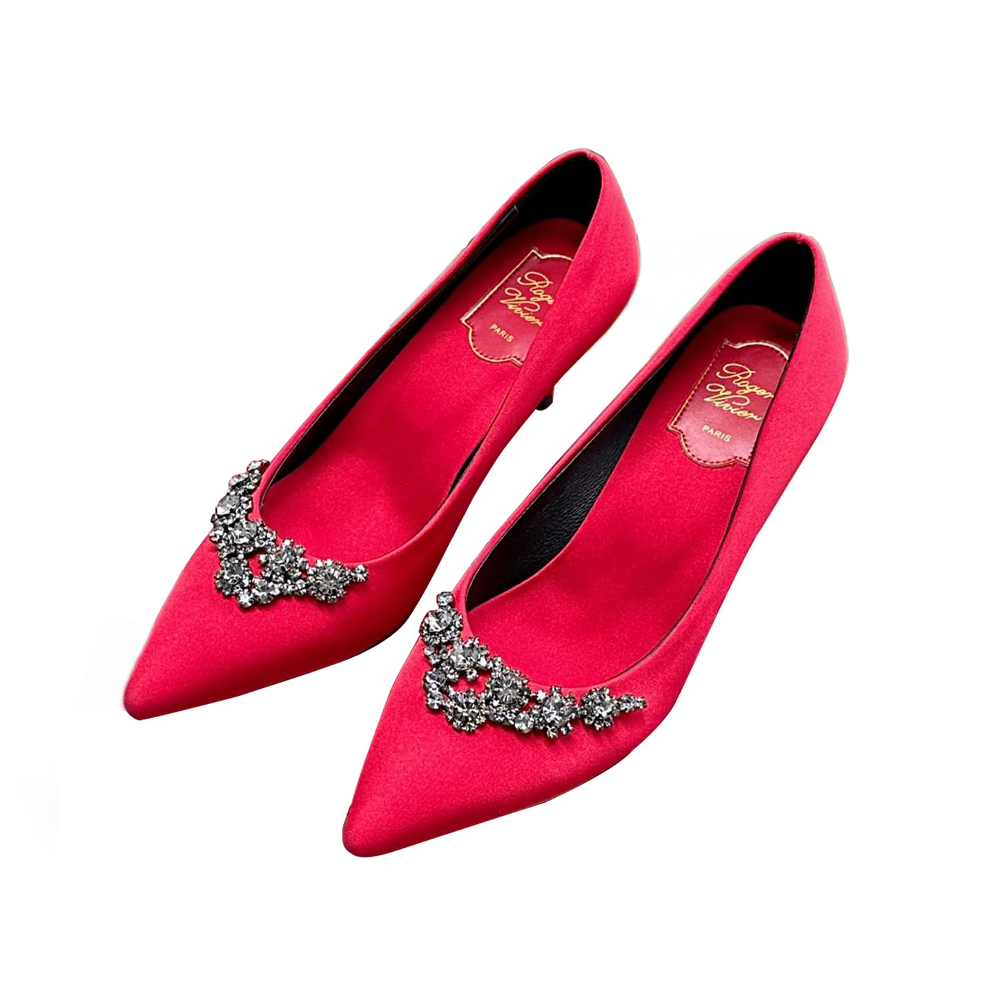 Roger Vivier Sapatilhas Efflorescence Salto Alto em Cetim Vermelho/Prata com Fivela de Cristais Florais (Altura do Salto 6,5cm)