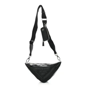 Prada Medium Triangle Shoulder Bag Black Calfskin Leather Silver Hardware