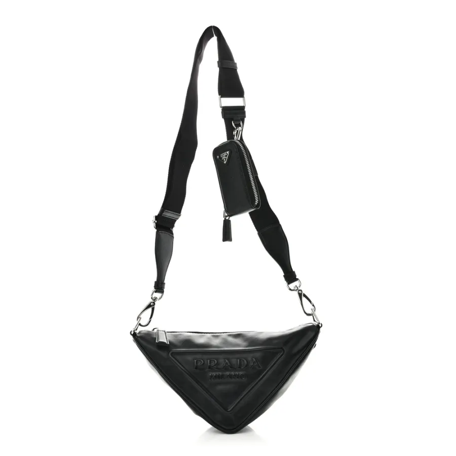 Prada Medium Triangle Shoulder Bag Black Calfskin Leather Silver Hardware