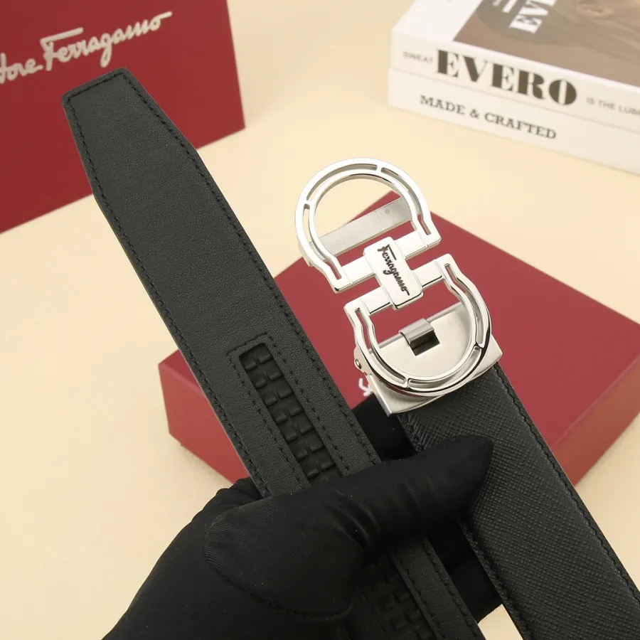 Ferragamo Men's Hollow Double Gancini Buckle Belt In Black Calfskin With Gold/Silver Hardware 35mm