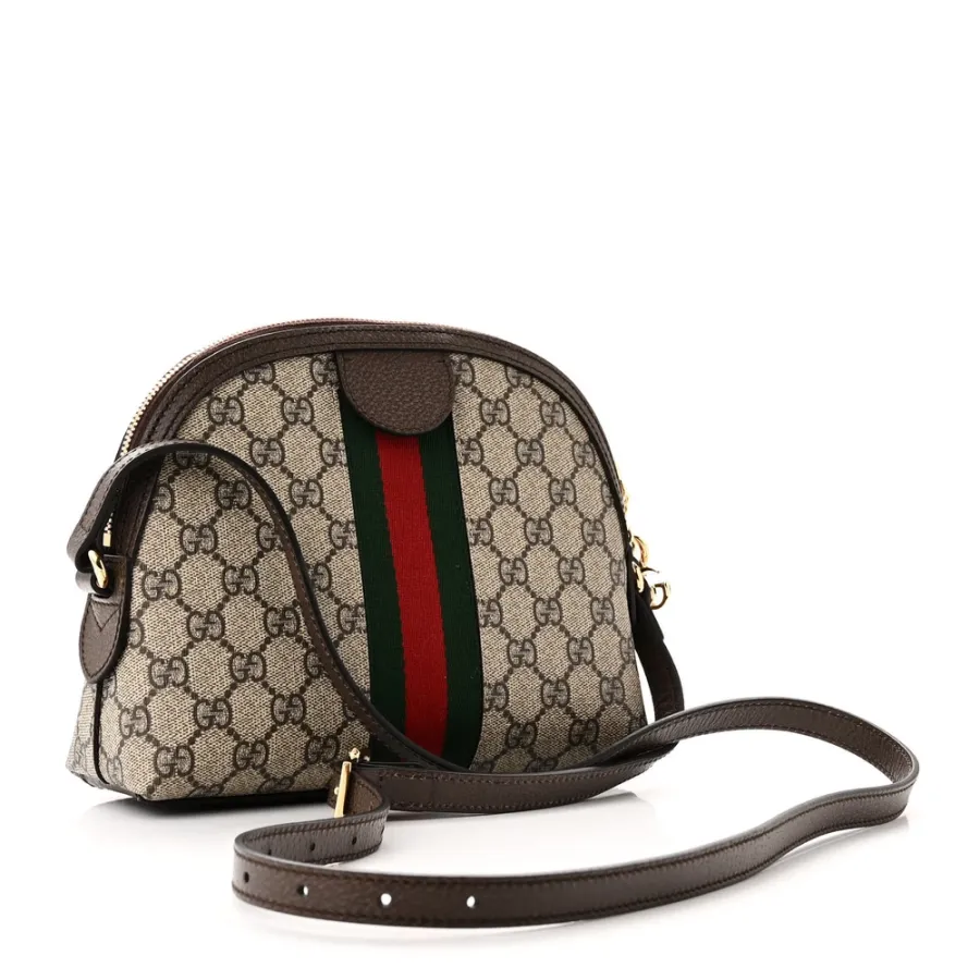 Gucci Small Ophidia Dome Shoulder Bag Beige / Ebony / New Acero GG Supreme Monogram Canvas & Textured Dollar Calfskin Leather Gold