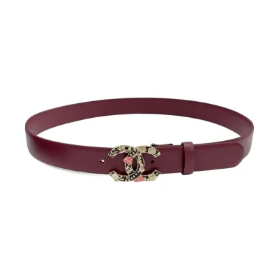 Chanel Women's Decorative CC Buckle Belt In White/Black/Red/Burgundy Calfskin With Gold Hardware 30mm