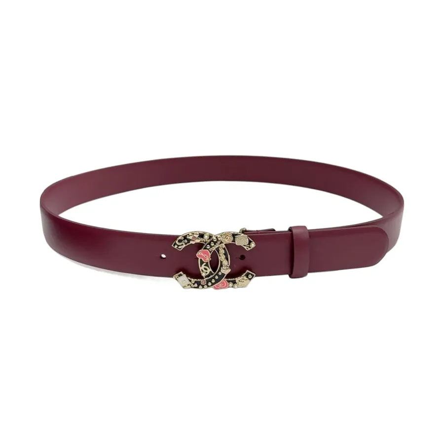 Chanel Women's Decorative CC Buckle Belt In White/Black/Red/Burgundy Calfskin With Gold Hardware 30mm