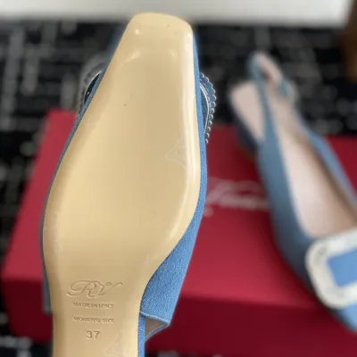 Roger Vivier Belle Viver Slingback Pumps High Heels In Blue Denim With Crystal Buckle (Heel Height 4.5cm)