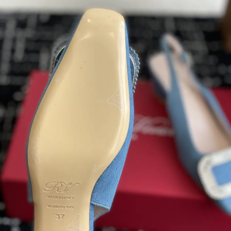 Roger Vivier Belle Viver Slingback Pumps High Heels In Blue Denim With Crystal Buckle (Heel Height 4.5cm)
