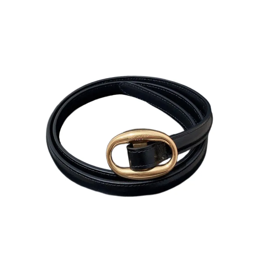 Saint Laurent Oval Buckle Thin Belt In Black Calfskin With Gold/Silver Hardware 15mm