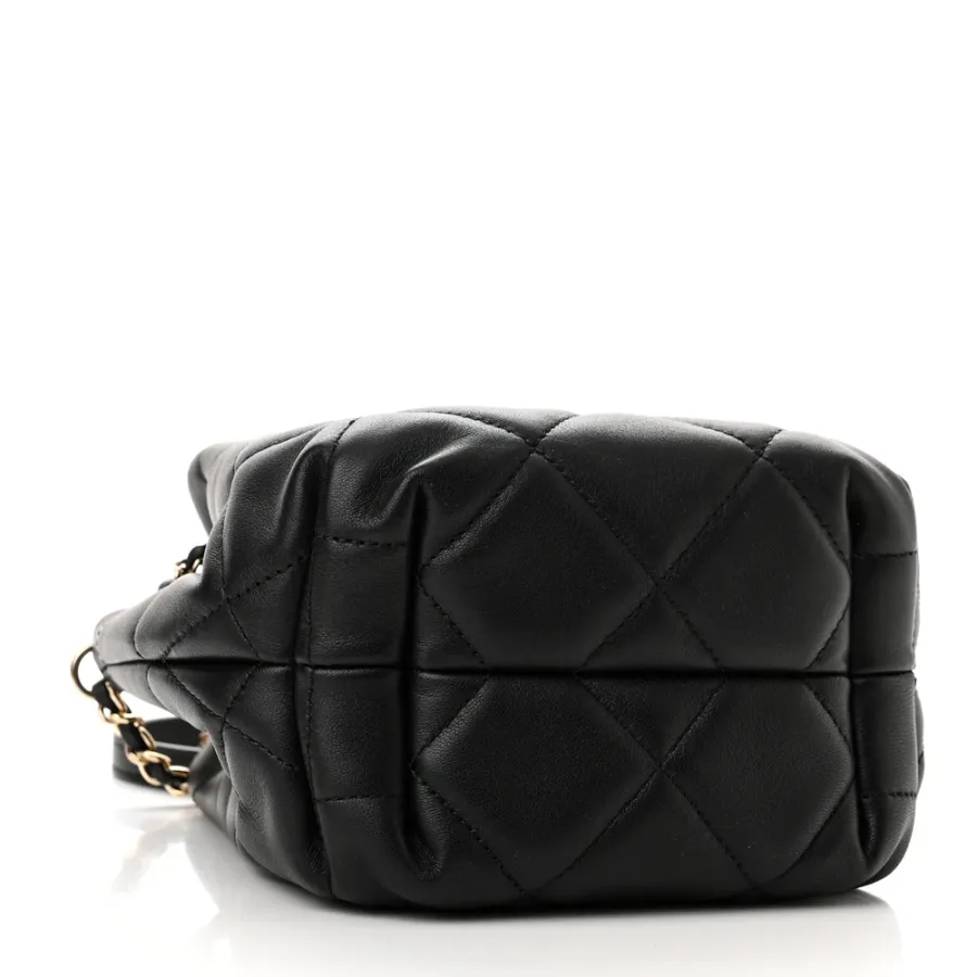 Chanel CC Dweller Drawstring Bucket Small Black Quilted Lambskin Leather Light Gold Hardware