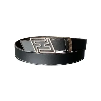 Fendi Men's Faster Reversible Belt In Beige/Black/Brown Calfskin And Monogram Canvas With Gold/Silver Hardware 35mm