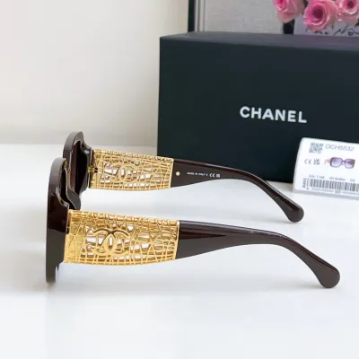 CHANEL square frame glasses brown gold color size 54-20-140