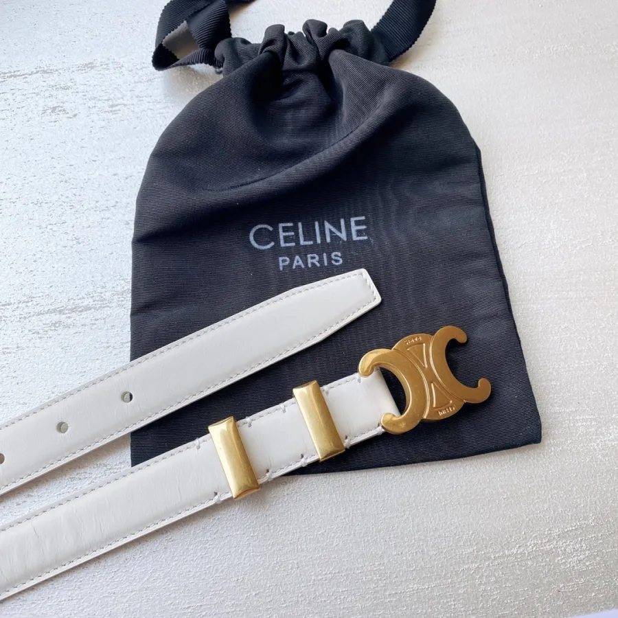 Celine Triomphe Buckle Belt In White/Brown/Black Calfskin With Gold Hardware 25mm