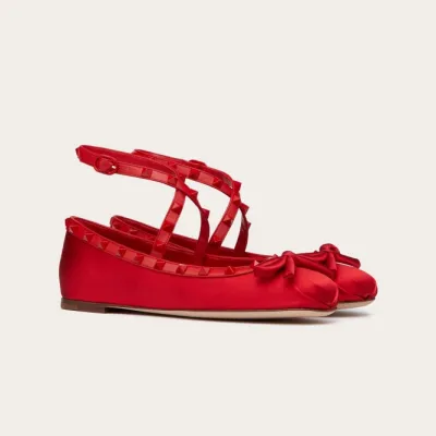 VALENTINO Rivet satin red ballet flats shoes