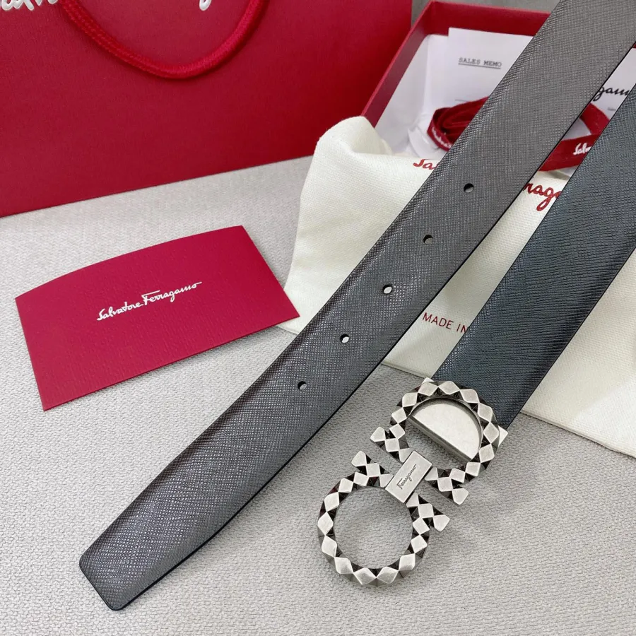 Ferragamo Men's Sharp Double Gancini Buckle Reversible Belt In Black/Coffee Saffiano Calfskin With Gold/Silver Hardware 35mm