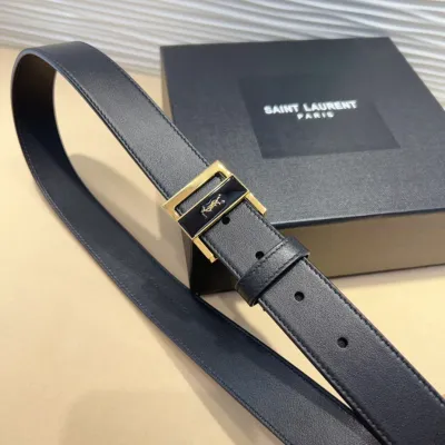 Saint Laurent GIO Belt In Black Box Calfskin With Gold/Silver Hardware 30mm