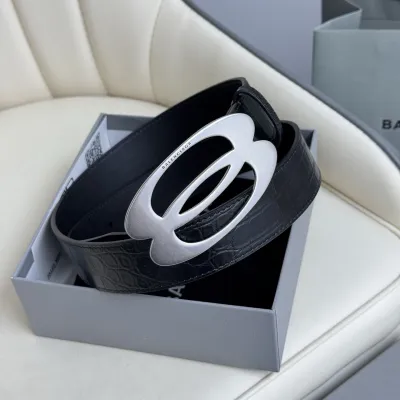 Balenciaga Men's Unity Belt In Black Embossed Crocodile Calfskin With Gold/Silver Hardware 35mm