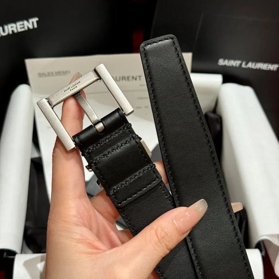 Saint Laurent Cassandre Belt In Black/Coffee Smooth Calfskin With Black/Gold/Silver Hardware 30mm