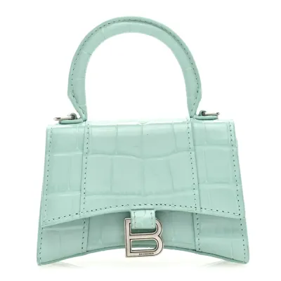 Balenciaga Hourglass Mini Top Handle Bag With Chain Green Acqua Crocodile Embossed Shiny Calfskin Leather