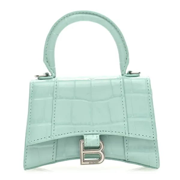 Balenciaga Hourglass Mini Top Handle Bag With Chain Green Acqua Crocodile Embossed Shiny Calfskin Leather
