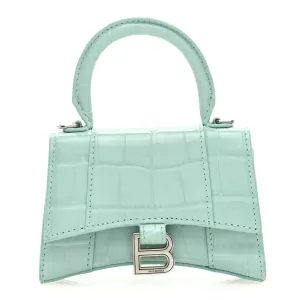 Balenciaga Hourglass Mini Top Handle Bag With Chain Green Acqua Crocodile Embossed Shiny Calfskin Leather
