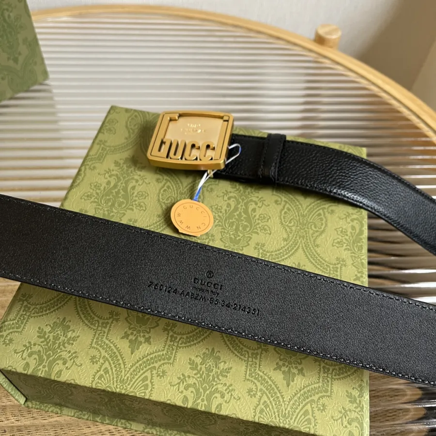 Gucci Men's Plaque Buckle Belt In Black/Brown Grained Calfskin With Gold/Silver Hardware 35mm