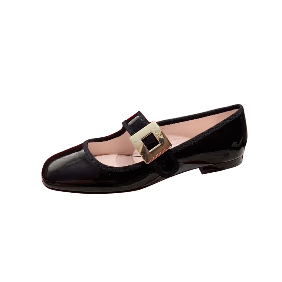 Roger Vivier Très Vivier Mary Janes In White/Black Patent Leather With Metal Buckle (Heel Height 0.5cm)