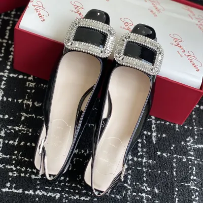 Roger Vivier Belle Viver Slingback Pumps High Heels In Black Patent Leather With Crystal Buckle (Heel Height 4.5cm)