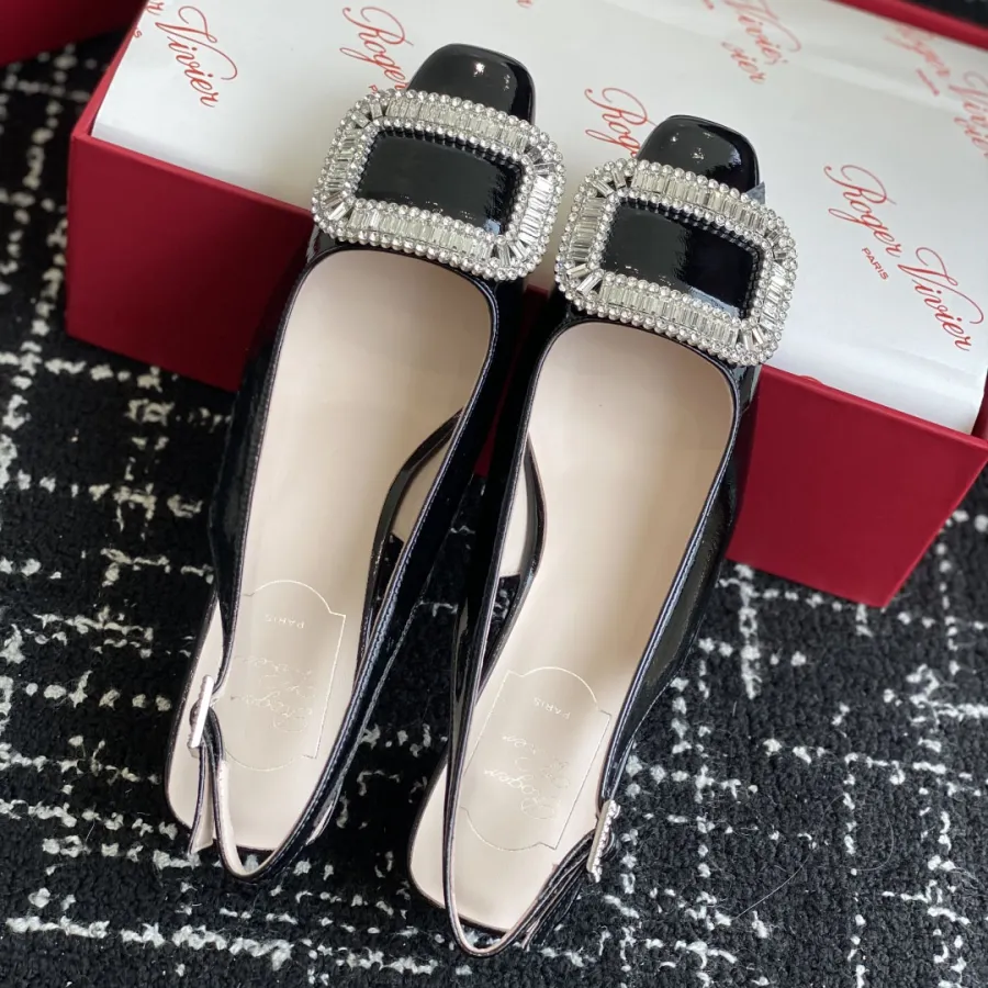 Roger Vivier Belle Viver Slingback Pumps High Heels In Black Patent Leather With Crystal Buckle (Heel Height 4.5cm)