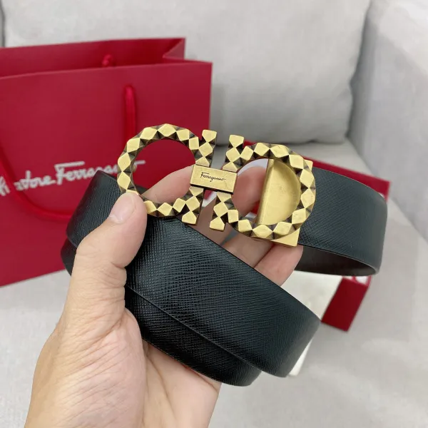 Ferragamo Men's Sharp Double Gancini Buckle Reversible Belt In Black/Coffee Saffiano Calfskin With Gold/Silver Hardware 35mm - Image 7