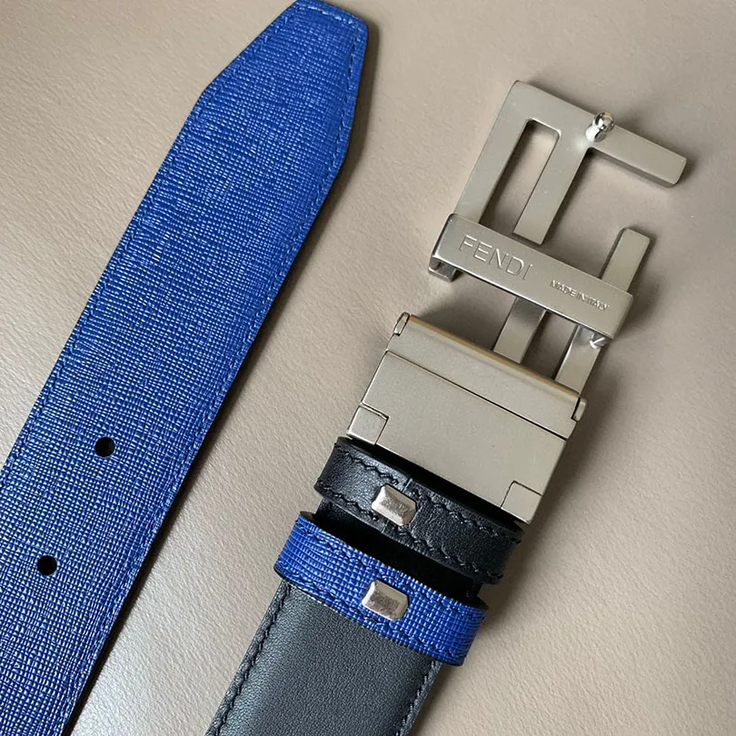 Fendi Men's Rectangled FF Buckle Reversible Belt In Black/Blue/Red/Yellow Calfskin With Gold/Silver/Gun Black Hardware 35mm