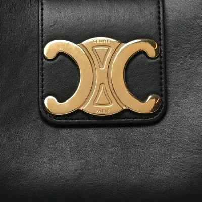 Celine Medium Strap Ava Triomphe Shoulder Bag Black Smooth Calfskin Leather Gold Hardware