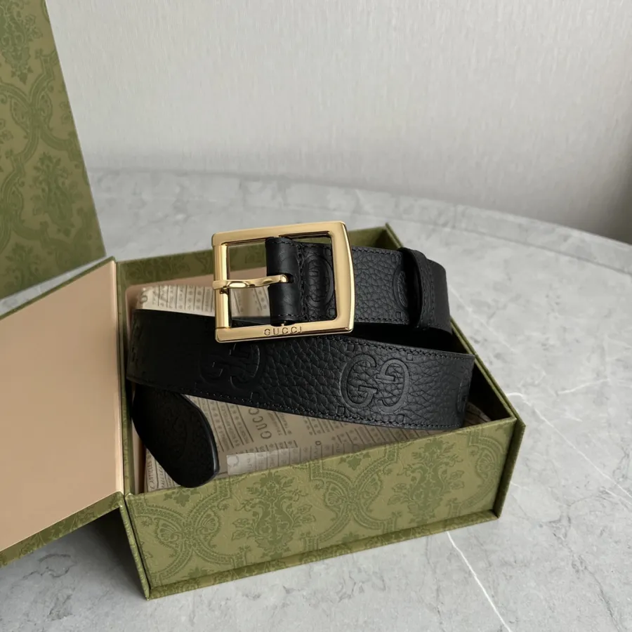 Gucci Men' s Square Buckle Belt In Black GG Grained Calfskin With Gold/Silver Hardware 35mm