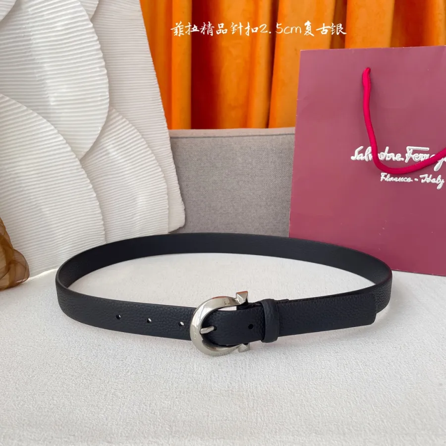 Ferragamo Women's Fixed Gancini Belt In White/Black/Brown Calfskin With Gold/Silver Hardware 25mm