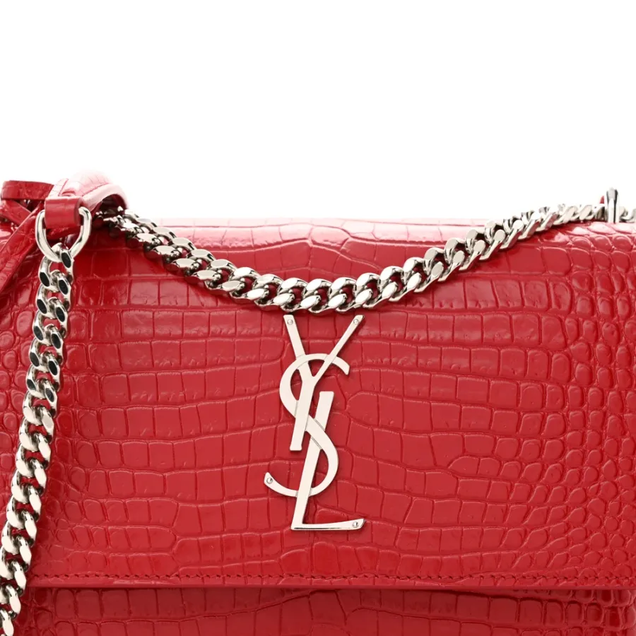 Saint Laurent Medium Sunset Bag Rouge Eros Embossed Monogram Calfskin & Crocodile Leather Silver Hardware
