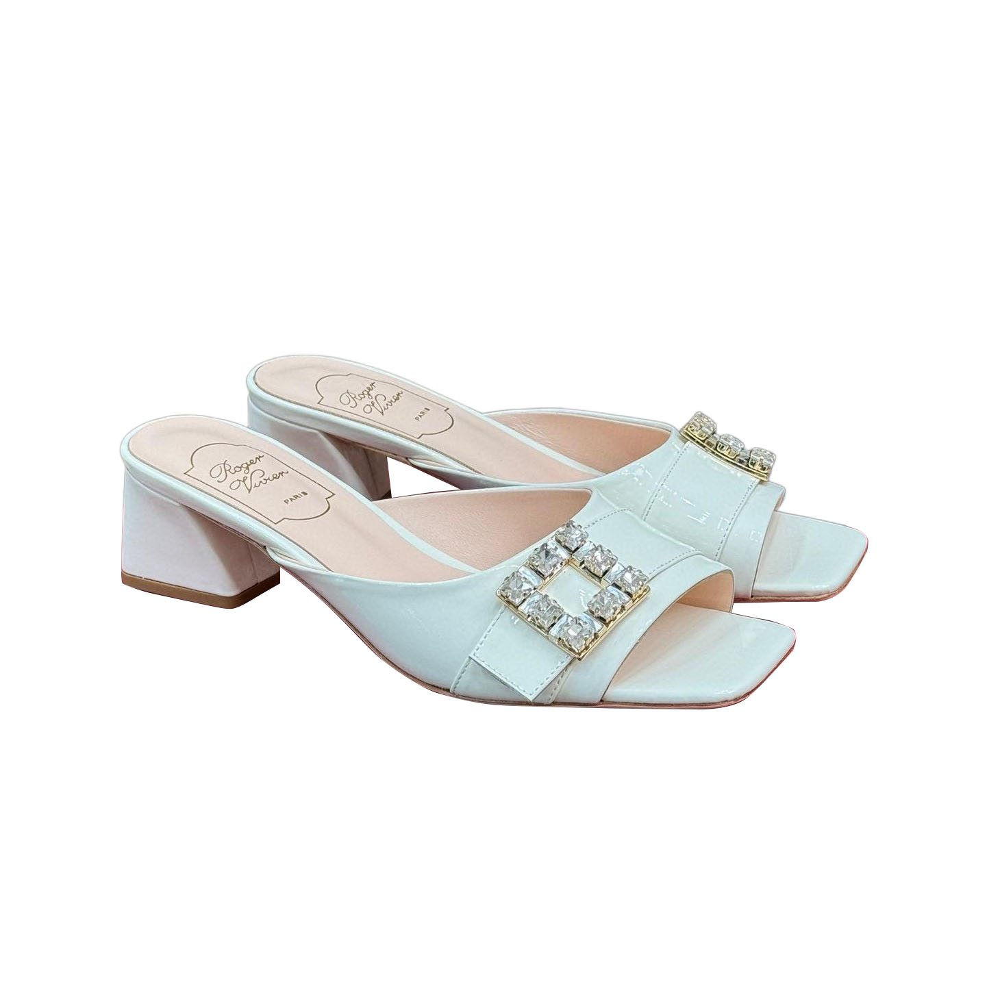 Roger Vivier Très Vivier Mules Salto Alto Em Couro Verniz Branco/Preto Com Fivela De Cristal (Altura Do Salto 3,5cm)