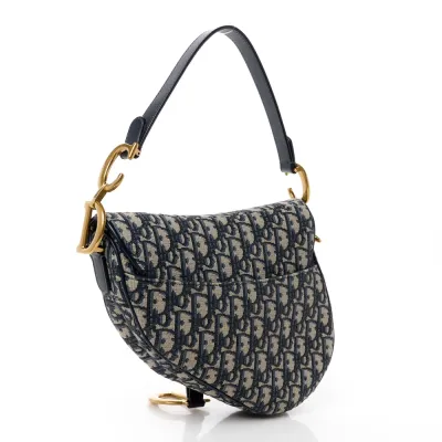 Dior Medium Saddle Bag Blue Oblique Canvas Brass Hardware