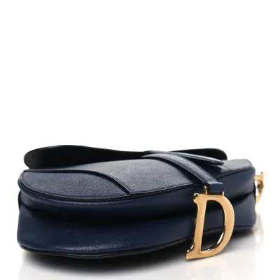 Dior Medium Saddle Bag Indigo Blue Grained Calfskin Leather Gold Hardware
