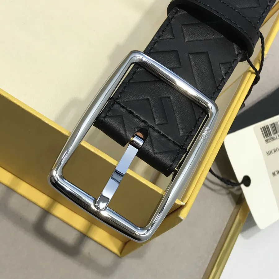 Fendi Men's Rectangle Buckle Belt In Black FF Calfskin With Gold/Silver Hardware 35mm