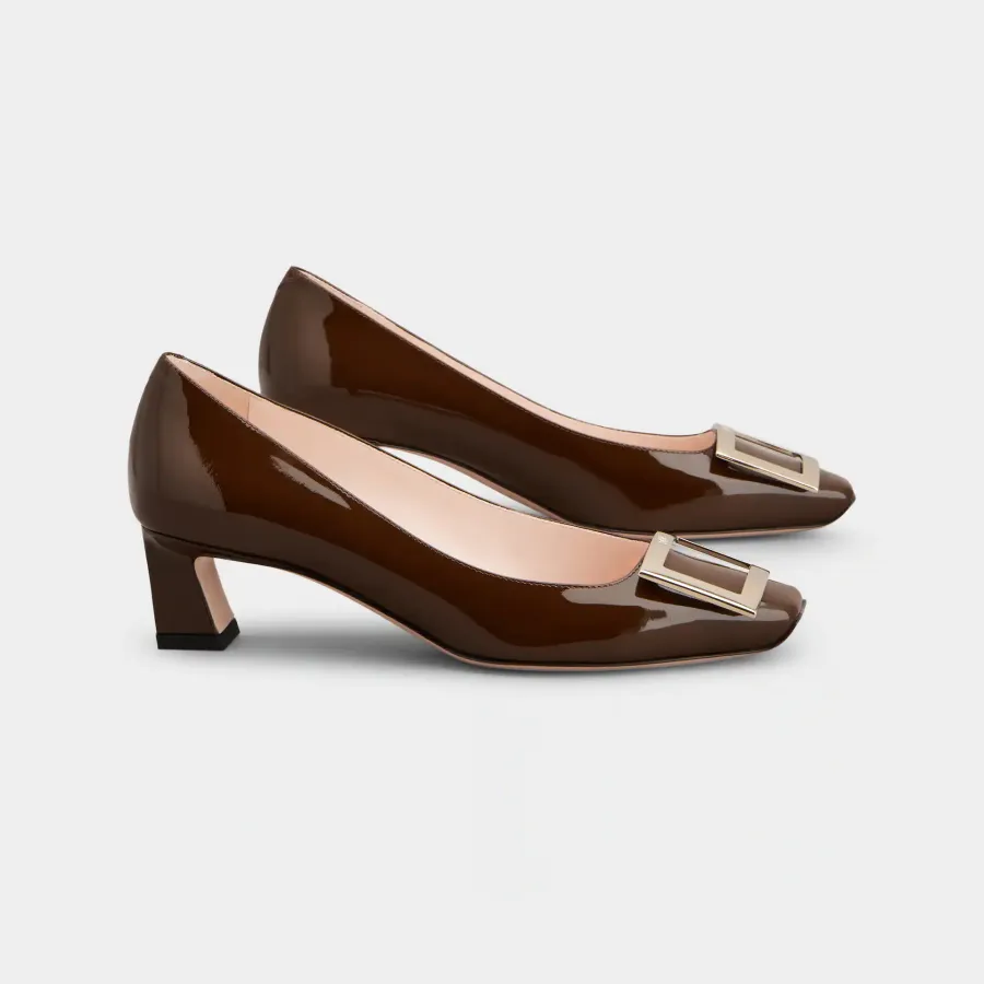 Roger Vivier Trompette Pumps High Heels In Brown Patent Leather With Metal Buckle (Heel Height 4.5cm)