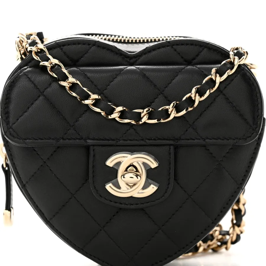 Chanel CC In Love Heart Clutch With Chain Small Black Quilted Lambskin Leather Light Gold Hardware