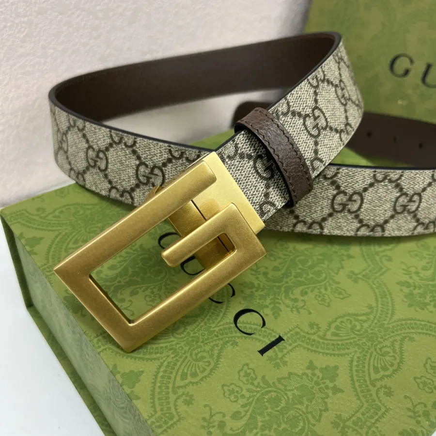 Gucci Men's Square G Buckle Reversible Belt In Black/Brown/Beige Monogram Calfskin And Canvas With Gold/Silver Hardware 25mm